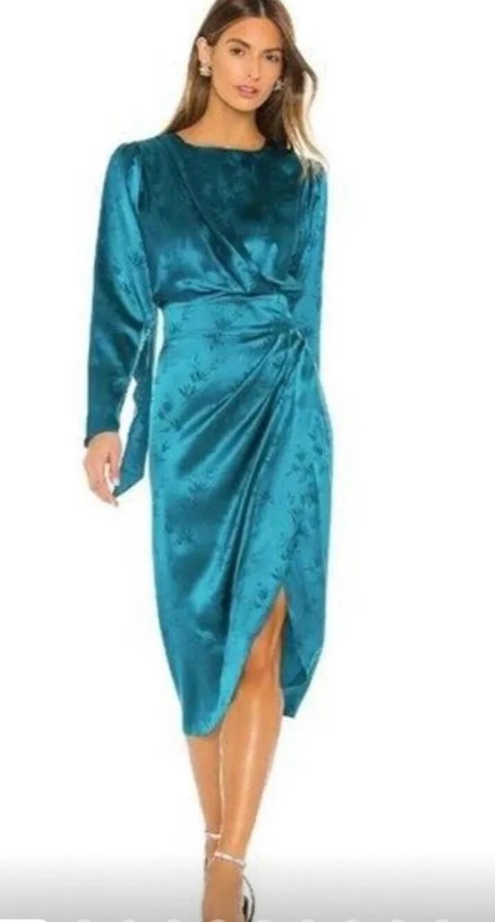 Ronny Kobo Blue Jade Palm Tree Silk Draped along Sleeve Asymmetric Dress Sz M
